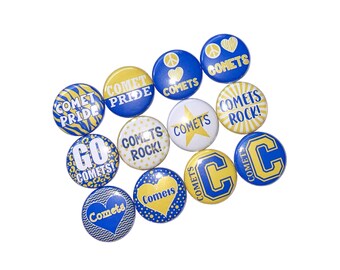 Comets, Royal Blue, Yellow, 1", 1.25", 1.5", 2.25", Button, Comets Theme, Party Favor, Flatback, Pinback, SM059