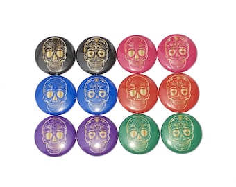 Sugar Skull Magnet, 1", 1.25", 1.5", 2.25", Button Magnet, Black, Red, Blue, Pink, Green, Purple, Dia de los Muertos, Day of the Dead, PK002