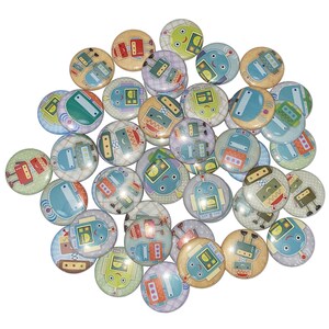 May include: A collection of colorful robot themed buttons. The buttons are round and feature various robot designs with different colors and patterns.