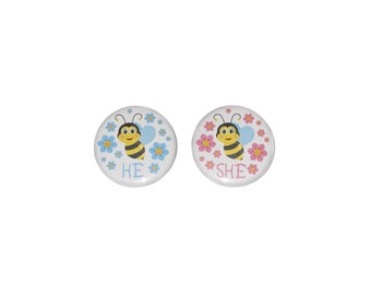 Gender Reveal, Bee, Pink or Blue, He or She, 1.25", 1.5", 2.25" Pinback Button, Baby Reveal, Bee Theme, Pink Bee, Blue Bee, VB359, VB397