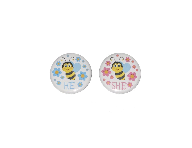 Gender Reveal 1.25 Pinback Button He or She Pink Bee Bee VB359 Ready to Ship Bee Theme 10 Buttons Blue Bee VB397 Imperfect
