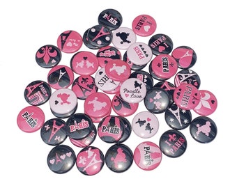 Paris, Black, Pink, 1", 1.25", Button, Poodle Theme, Paris Theme, France, Poodles, Paris Decor, Eiffel Tower, Flatback, Pinback, Pin, TS025
