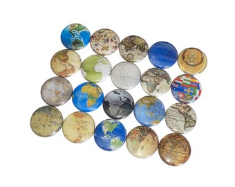 Globes, 1", 1.25", 1.5", 2.25", Button, World Travel, Globe Decor, Earth, Travel, Map, Party Favor, Flatback, Pinback, Pin, Badge, DI004