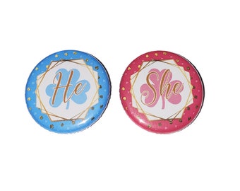 Gender Reveal, St. Patrick's Day, Pink, Blue, Gold, 1.25", 1.5", 2.25", Pinback Button, Shamrock, Shower, He or She, Clover, VB546, VB537