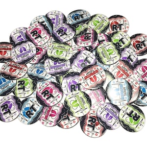 May include: A collection of colorful round buttons with the text "Advanced Respiratory Therapy" and "RT" on them. The buttons are arranged in a random pattern and are all the same size.