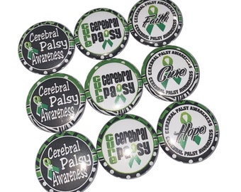 Cerebral Palsy, 1", 1.25", Button, Green Ribbon Theme, Green Ribbon, Cerebral Palsy Ribbon, CP Ribbon, CP Theme, Flatback, Pinback, CA014