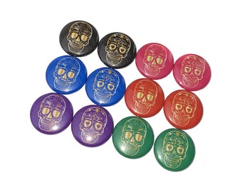 Sugar Skulls, 1", 1.25", 1.5", 2.25", Button, Red, Purple, Blue, Pink, Green, Black, Dia de los Muertos, Flatback, Pinback, PK002