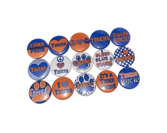 Tigers, Orange, Blue, 1", 1.25", Button, Tiger Theme, Tiger Decor, Flatback, Pinback, Pin, Badge, SM017