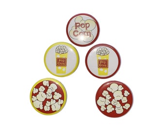 Popcorn, 1", 1.25", 1.5", Button, Popcorn Party Favor, Popcorn Decor, Movies, Slumber Party, Theater, Snacks, Flatback, Pinback, Pin, FD032
