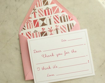 fill in the blank notecards / children's thank you cards for girls / beginning writers -- pink, gold, presents, gifts, red, birthday party
