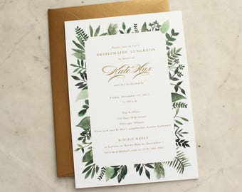 bridal luncheon, bridesmaids' luncheon OR wedding shower invitation - green ferns / greenery and gold