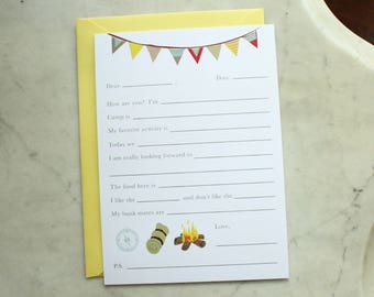 blank fill-in camp / summer camp / sleepaway camp notecards, stationery -- BOY version (compass, sleeping bag, fire)