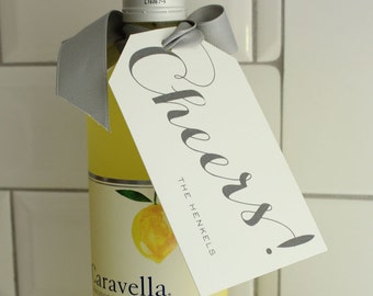 personalized "cheers!" hostess gift / wine / champagne / present / hanging tags - grey on cream stock