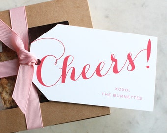personalized "cheers!" valentine's / hostess gift / wine / present / hanging family tags - red and pink