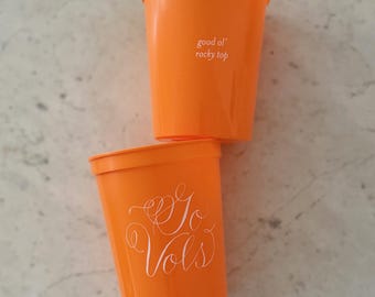 University of Tennessee / UT Knoxville orange & white "Go Vols" calligraphy stadium cups, set of 10
