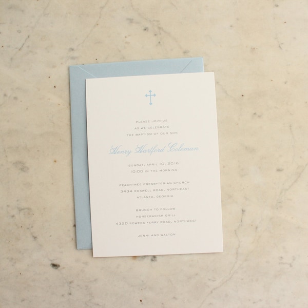 baby boy or twin boys baptism / christening / first communion invitation - classic blue and grey
