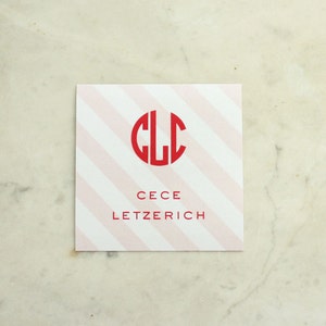 personalized children's / girl / sister gift stickers or cards / gift enclosure stripes and monogram pink on pink image 1