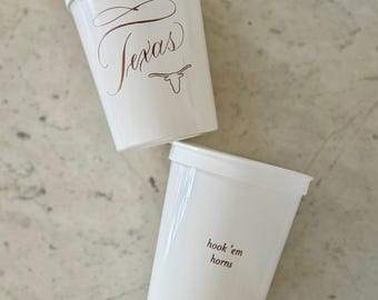 Texas Longhorns / UT Austin / University of Texas "Texas" and "hook em horns" calligraphy stadium cups, set of 10