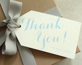 personalized "thank you!" hostess gift / wine / present / hanging tags - light blue on offwhite stock