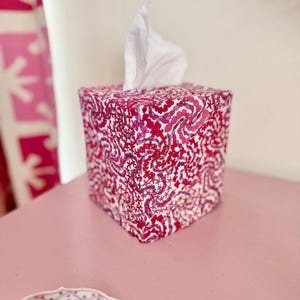 May include: A pink and white patterned tissue box cover with a white tissue peeking out of the top.