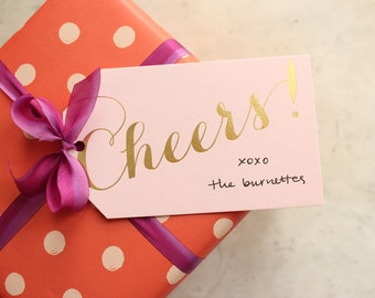 cheers gift / wine / hanging tags / champagne tag / women gift enclosure - gold foil (light pink -- BLANK)