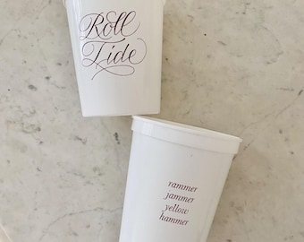 University of Alabama / Bama maroon & white "Roll Tide" calligraphy stadium cups, set of 10