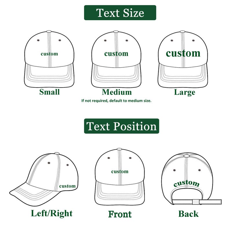May include: A diagram showing different text sizes and positions for customizing a baseball cap. The text "custom" is shown in three different sizes: small, medium, and large. The text is also shown in three different positions: left/right, front, and back.