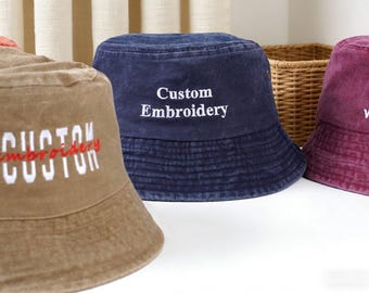 Gepersonaliseerde hoed met tekstlogo, geborduurde emmerhoed, aangepaste emmerhoed, vintage hoed Gepersonaliseerde vrouwenhoed vrijgezellenfeest cadeau voor papa moeder