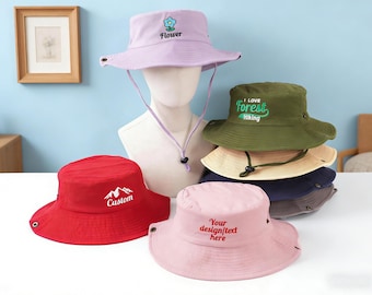 Chapéu de balde bordado personalizado, chapéu de caminhada, chapéu com logotipo de texto personalizado, chapéu de pesca ao ar livre, chapéu de sol personalizado, chapéu de acampamento, chapéu de verão, chapéu de viagem