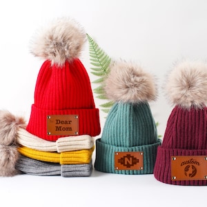 THE ORIGINAL Custom Kid Hat,Custom Name Leather Patch,Custom Knit Hat,Monogram Kids Winter Hat,Beanie with Engraved Leather Patch