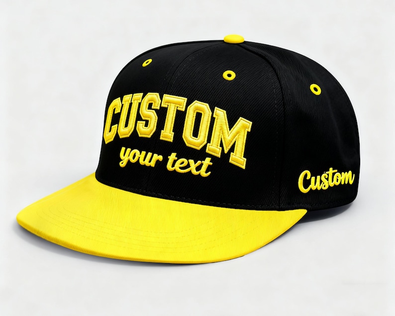 May include: Black and yellow baseball cap with the word "CUSTOM" embroidered in yellow across the front. The text "your text" is embroidered below "CUSTOM". The brim is yellow, and the word "Custom" is embroidered on the side.