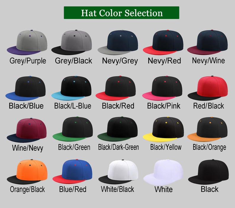 May include: A selection of 18 baseball caps in various color combinations. The caps are arranged in rows of three, with each row featuring a different color scheme. The caps are all made of a solid color fabric and have a flat brim.