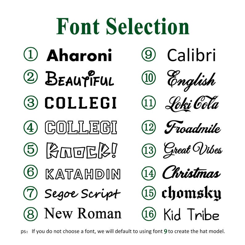 May include: A chart with 16 different font styles numbered 1 through 16. The font styles are displayed in black text on a white background. The chart is titled "Font Selection".