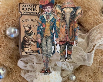 CIRCUS ring mistress Seraphina Starling and her elephant Magnus*Christmas ornament*Parasol*Cut two layers*German glitter*Stunning*Unique
