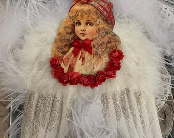 CABEZA DE ÁNGEL VICTORIANO Adorno de Piper * Purpurina alemana * Alas emplumadas * Impresionante