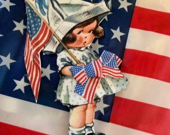 PATRIÓTICO*Cuatro de Julio*Chica con sombrero de papel*Imagen vintage*Bandera*Adorno*Adorable*Decoración
