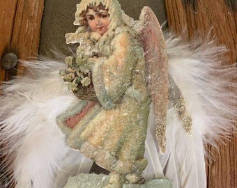 Adorno de ángel victoriano, alas de plumas, purpurina alemana, troquelado, tamaño pequeño