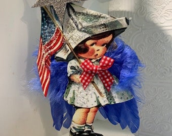 Cuatro de julio * Adorno * Angelito * Hecho a mano * Cortado a mano en dos capas * Diseño de estilo vintage * Adorable * Bloque para estante