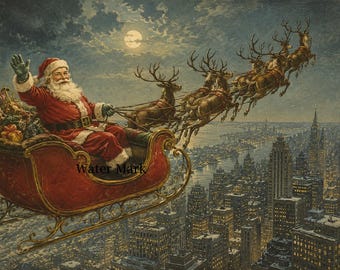 CHRISTMAS Santa and reindeer flying over New York skyline*Digital download*Gorgeous