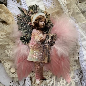 Viktorianischer Engel Mädchen Ornament, rosa gefiederte Flügel, deutscher Glitzer