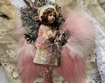 Adorno de niña ángel victoriana, alas de plumas rosas, purpurina alemana