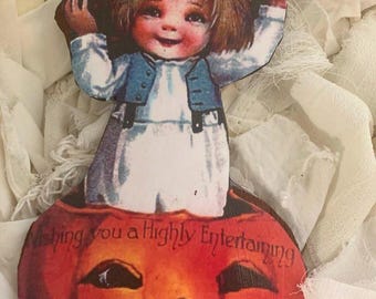 HALLOWEEN WOOD BOY standing in pumpkin*Just Darling*Two sided ornament*