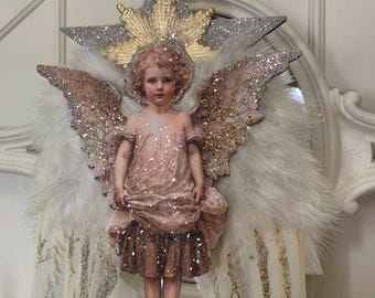 DRESDEN  VICTORIAN ANGEL*German glittered wood star*German glitter*Gold dresden star*Why take your tree down when you can redecorate