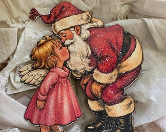 ANGEL Kissing Santa*1950's vintage greeting card illustration recreated into an ornament*German glitter*ADORABLE*Original *THEVELVETRABBIT