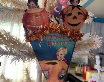 Cono de HALLOWEEN*Tussey Mussey*Pieza única*Imágenes de postal*Personajes de madera de estilo vintage*Hecho a mano*