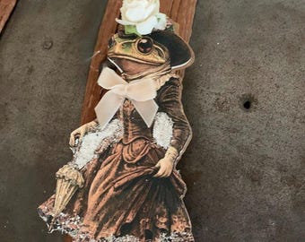 HALLOWEEN Frog ornament*Anthropomorphic whimsy*Lady Marigold Hoppestein*Cut from cardstock and chipboard*Clever*Unique*Strange