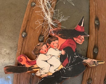 Halloween wood ornament*Children riding witch*5.25 inches high*Wonderful*Exclusively ours