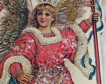 Ángel*Patriótico*4 de julio*Alas de plumas reales*Brillo alemán dorado*Adorno*Hermoso