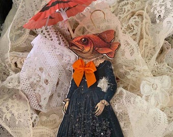 HALLOWEEN*Goldfish Girl Pumpkin‑Face Umbrella Ornament