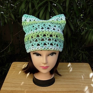 Green, Blue & White PussyHat, Earth Day, Pussy Cat Hat Summer 100% Cotton Striped Lightweight Crochet Knit Beanie, Ships in 5 Biz Days